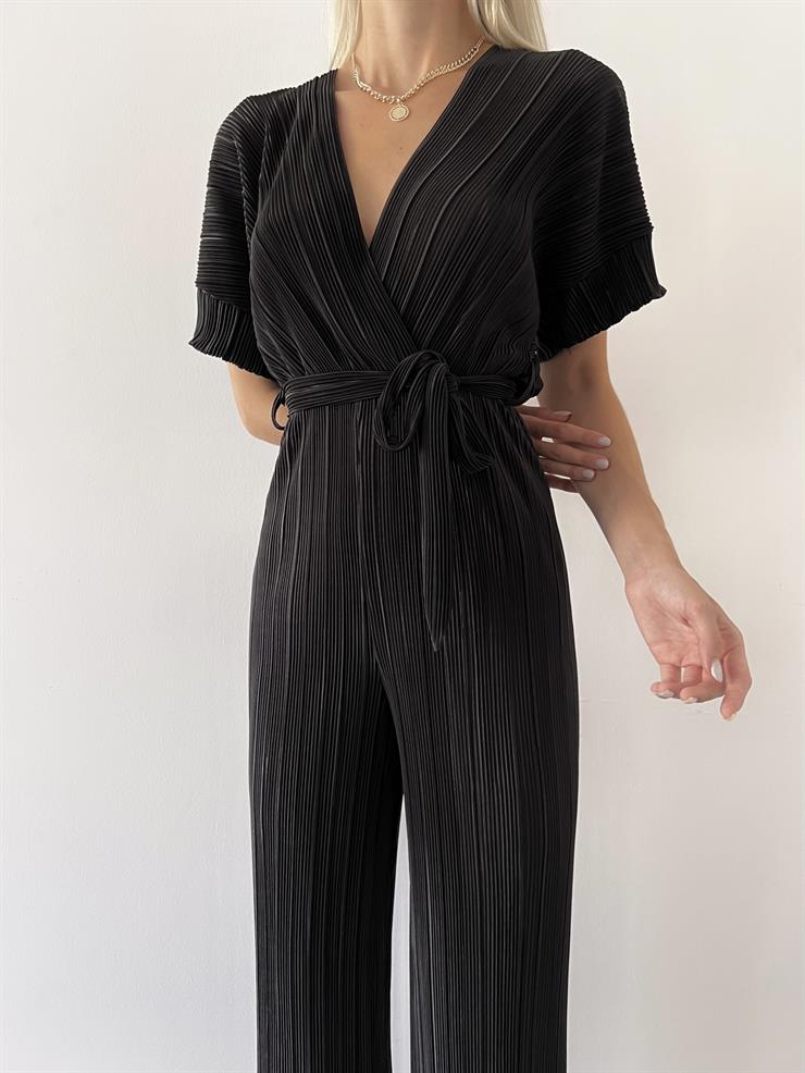 Kruvaze Yaka Kısa Kollu Beli Kuşaklı Davi Kadın Siyah Tulum 23Y000517