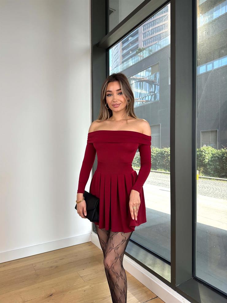 Madonna Yaka Uzun Kol Eteği Pileli David Bordo Kadın Mini Elbise 25K499