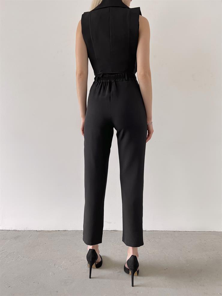 Kruvaze Yaka Sıfır Kol Crop Yanları Yüksek Bel Pantolon Davıt Kadın Siyah İkili Takım 23Y000357