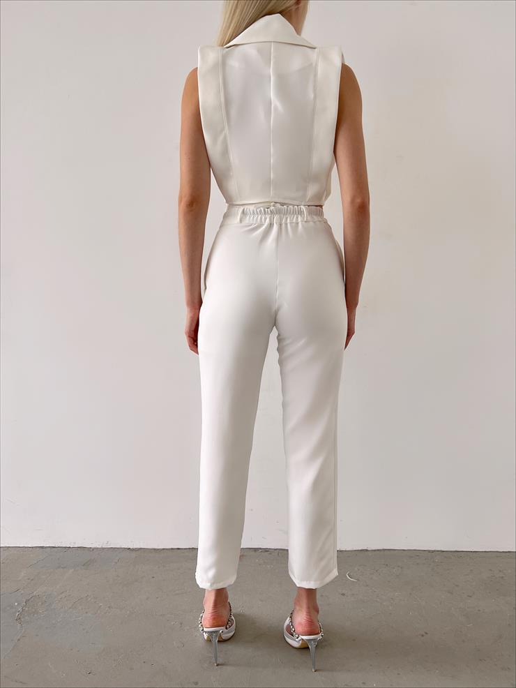 Kruvaze Yaka Sıfır Kol Crop Yanları Yüksek Bel Pantolon Davıt Kadın Beyaz İkili Takım 23Y000357