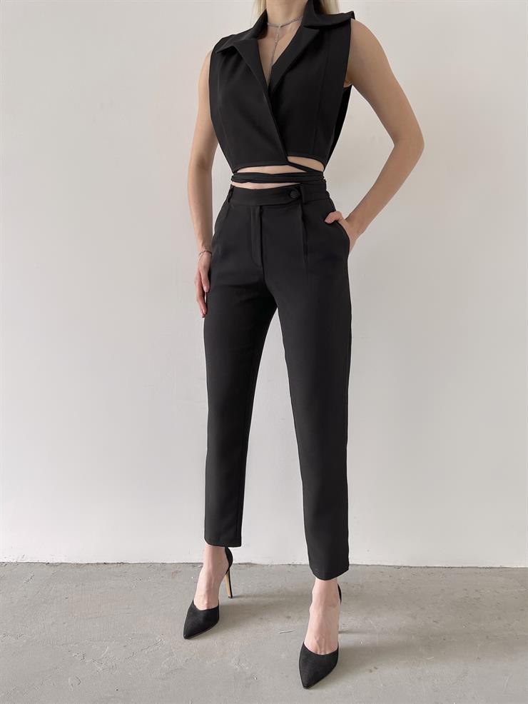 Kruvaze Yaka Sıfır Kol Crop Yanları Yüksek Bel Pantolon Davıt Kadın Siyah İkili Takım 23Y000357