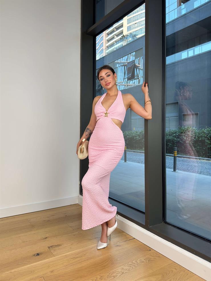 V Yaka Boyundan Bağlamalı Aksesuar Detaylı Davn Pembe Kadın Elbise 25Y512