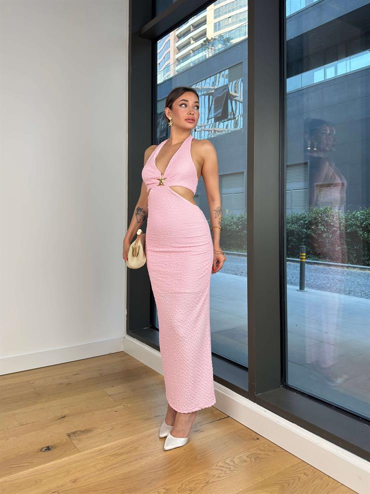 V Yaka Boyundan Bağlamalı Aksesuar Detaylı Davn Pembe Kadın Elbise 25Y512