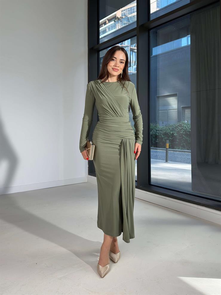 Drapeli Kapalı Yırtmaç Detaylı Dawn Haki Kadın elbise 26K019