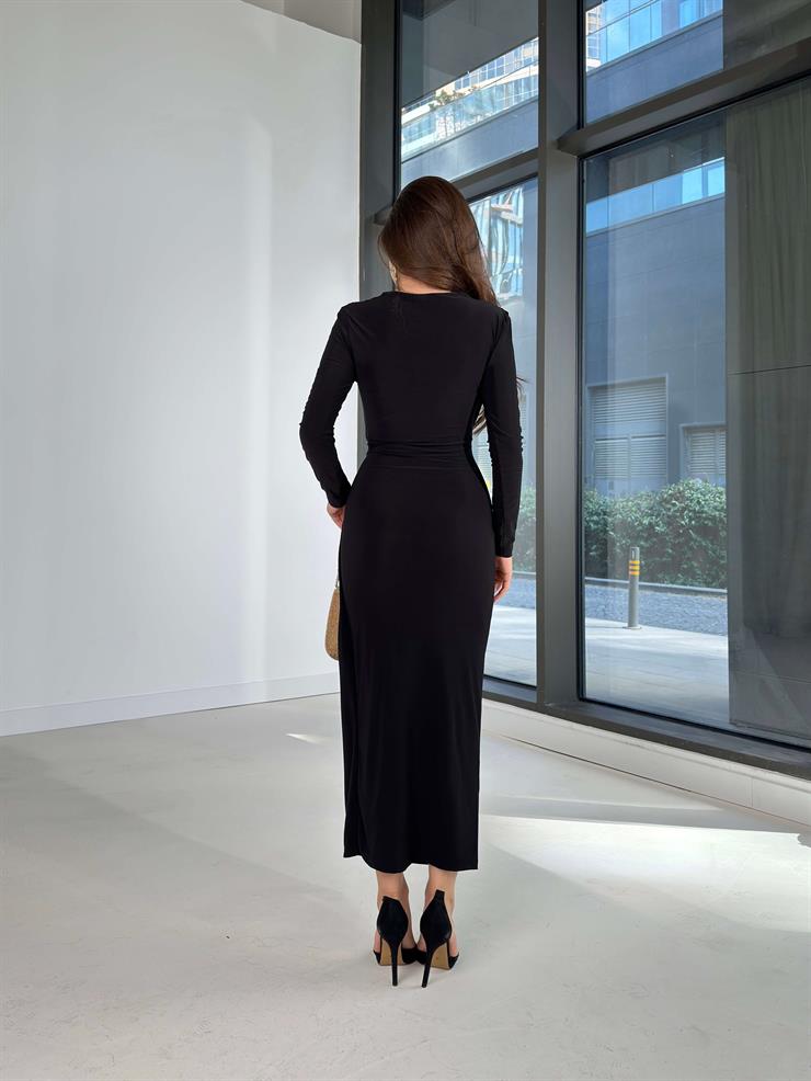 Drapeli Kapalı Yırtmaç Detaylı Dawn Siyah Kadın elbise 26K019