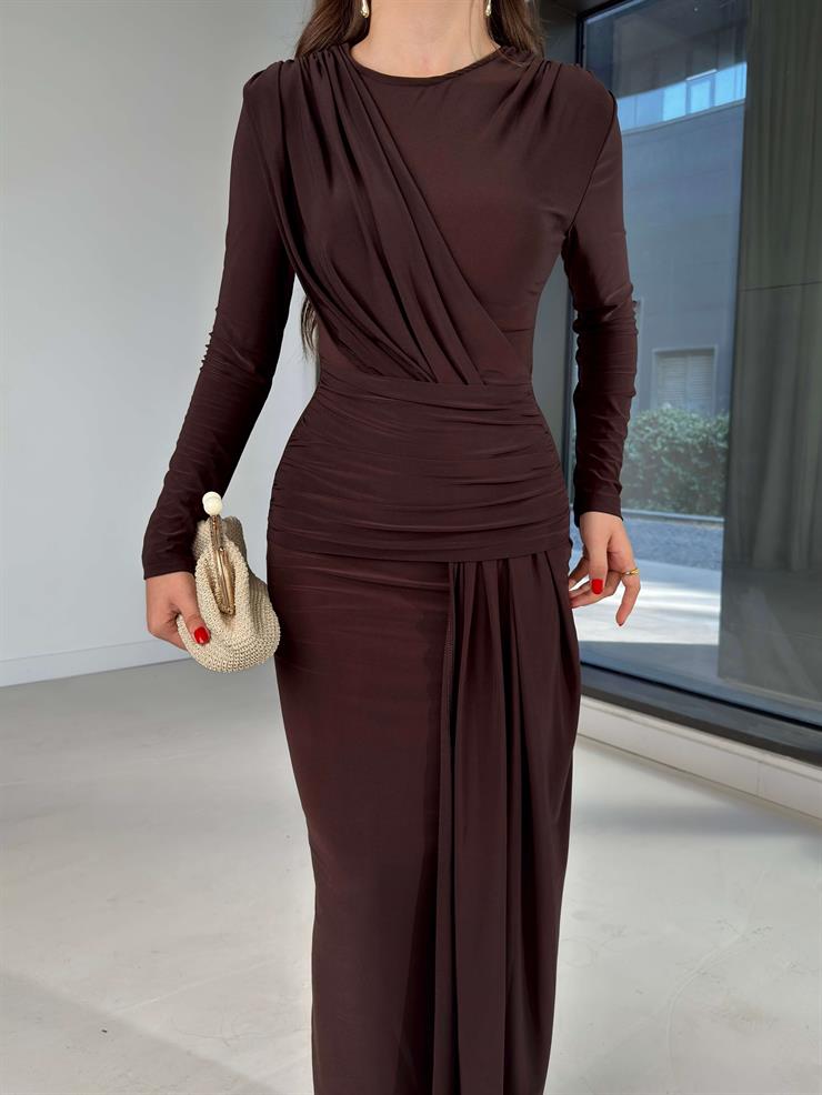 Drapeli Kapalı Yırtmaç Detaylı Dawn Kahve Kadın elbise 26K019