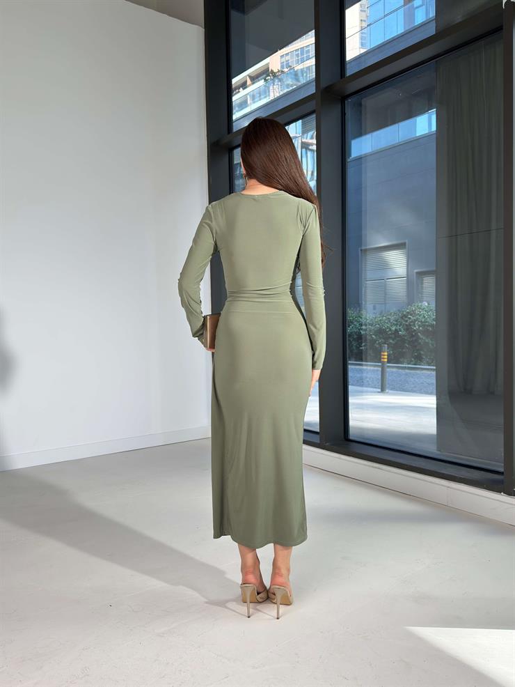 Drapeli Kapalı Yırtmaç Detaylı Dawn Haki Kadın elbise 26K019