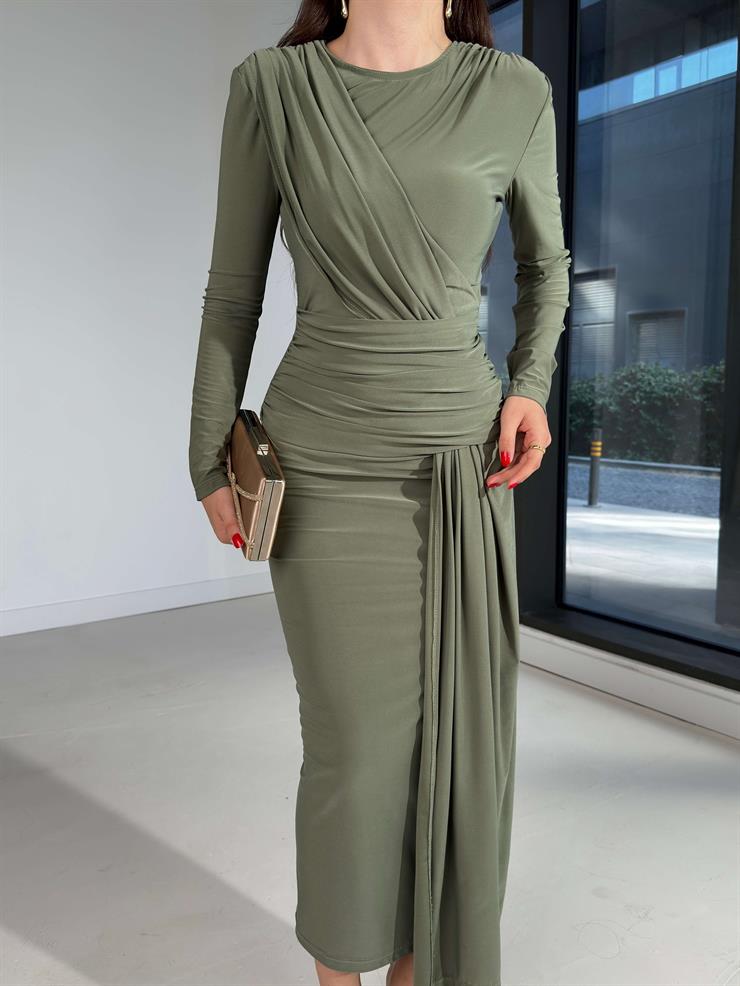 Drapeli Kapalı Yırtmaç Detaylı Dawn Haki Kadın elbise 26K019