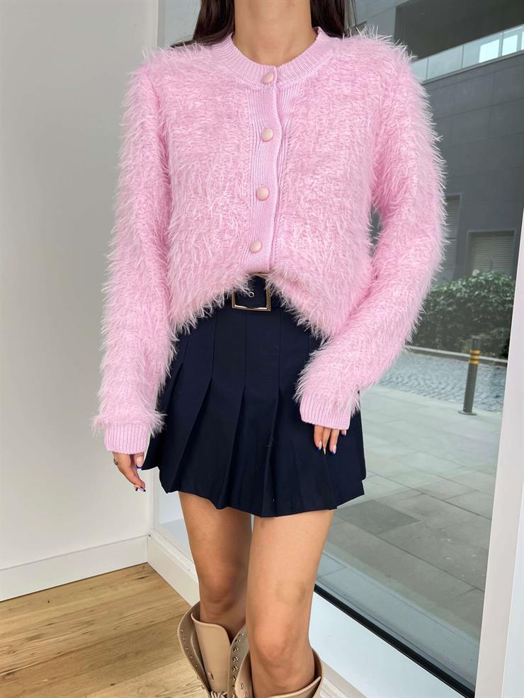 Önü Düğmeli Sakallı Daylin Pembe Kadın Hırka 25K189