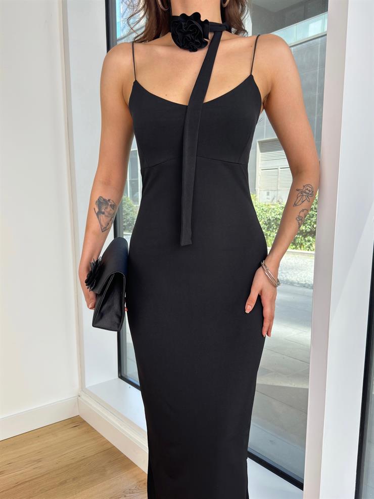 İnce Askılı Boyundan Aksesuar Detaylı Deana Kadın Siyah Elbise 24Y366