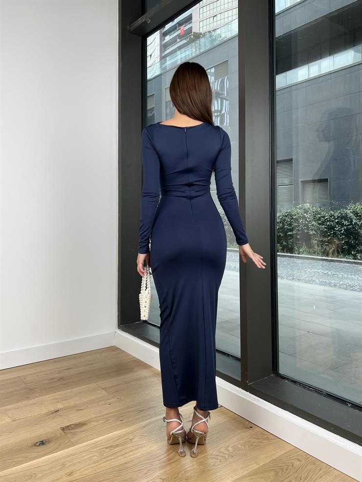 Uzun Kollu Göğüs Ve Bel Kısmı Drape Detaylı Dedha Kadın Lacivert Elbise 24k000068