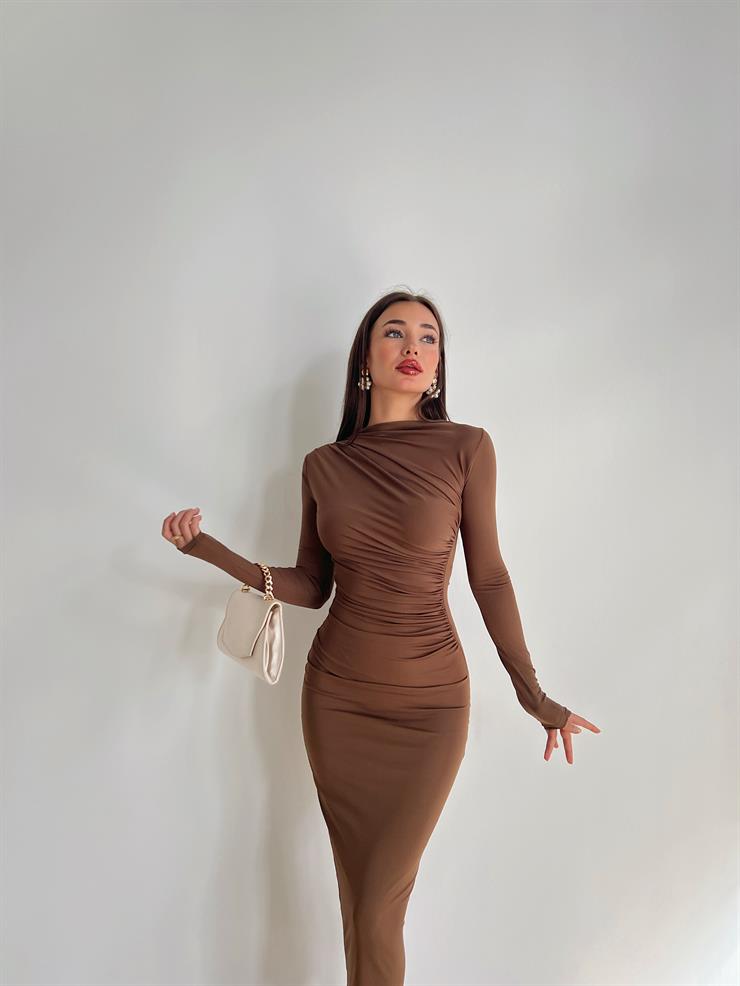 Uzun Kollu Göğüs Ve Bel Kısmı Drape Detaylı Dedha Kadın Kahve Elbise 24k000068
