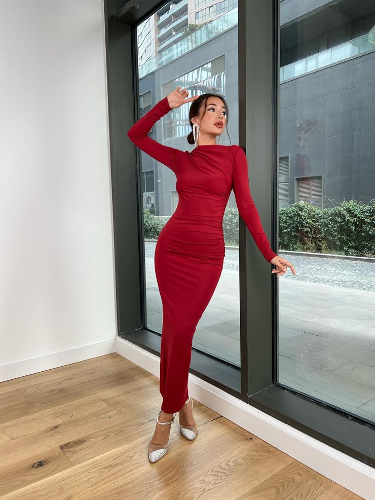 Uzun Kollu Göğüs Ve Bel Kısmı Drape Detaylı Dedha Kadın Bordo Elbise 24k000068