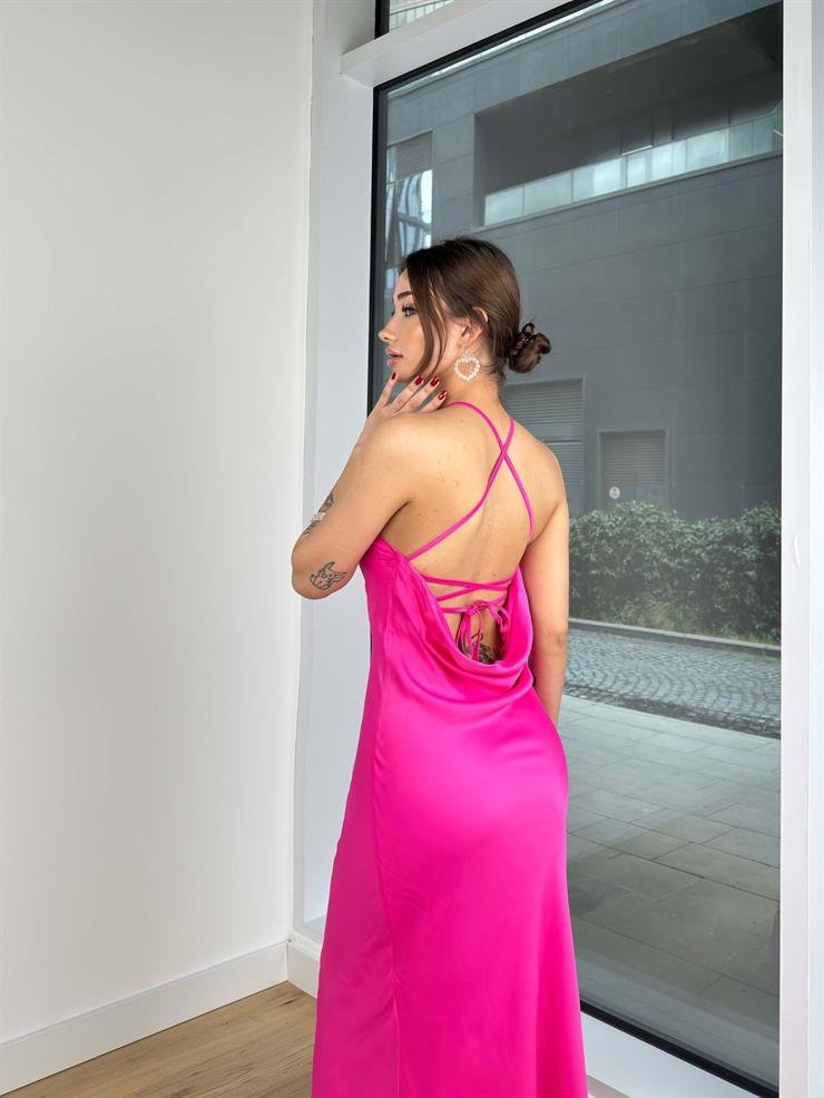 Arkadan Çapraz Askılı Deepl Kadın Fuşya Saten Elbise 24Y147