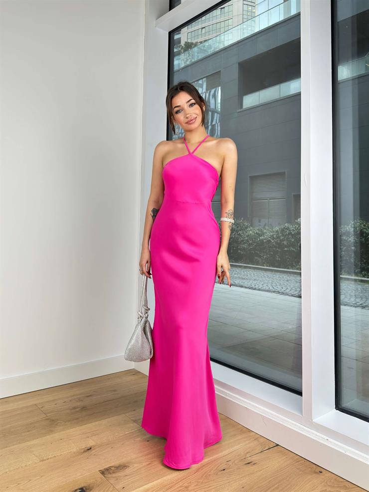 Arkadan Çapraz Askılı Deepl Kadın Fuşya Saten Elbise 24Y147