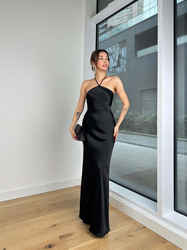 Arkadan Çapraz Askılı Deepl Kadın Siyah Saten Elbise 24Y147