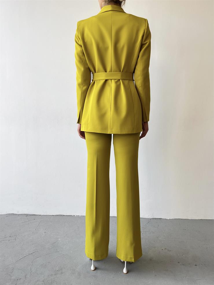 Kruvaze Yaka Belden Kuşaklı Ceket Yüksek Bel Bol Paça Pantolon Defınır Kadın Yağ Yeşili Takım 23Y000252