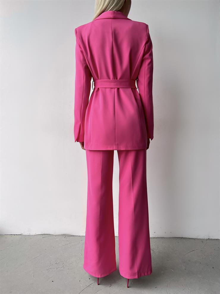 Kruvaze Yaka Belden Kuşaklı Ceket Yüksek Bel Bol Paça Pantolon Defınır Kadın Fuşya Takım 23Y000252