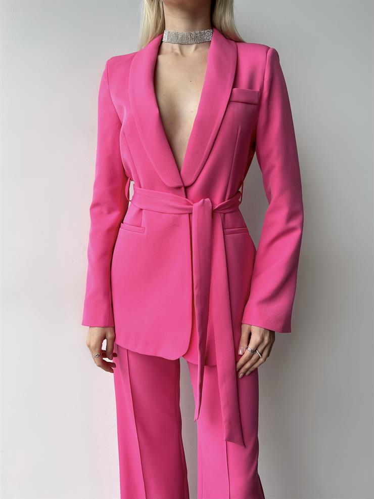 Kruvaze Yaka Belden Kuşaklı Ceket Yüksek Bel Bol Paça Pantolon Defınır Kadın Fuşya Takım 23Y000252