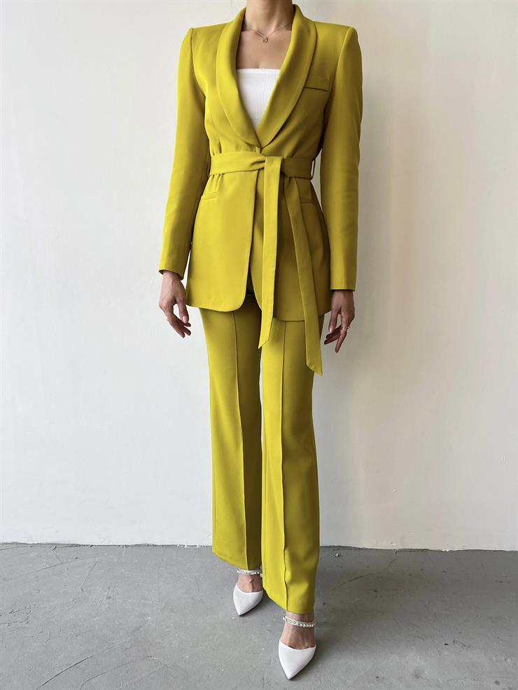 Kruvaze Yaka Belden Kuşaklı Ceket Yüksek Bel Bol Paça Pantolon Defınır Kadın Yağ Yeşili Takım 23Y000252