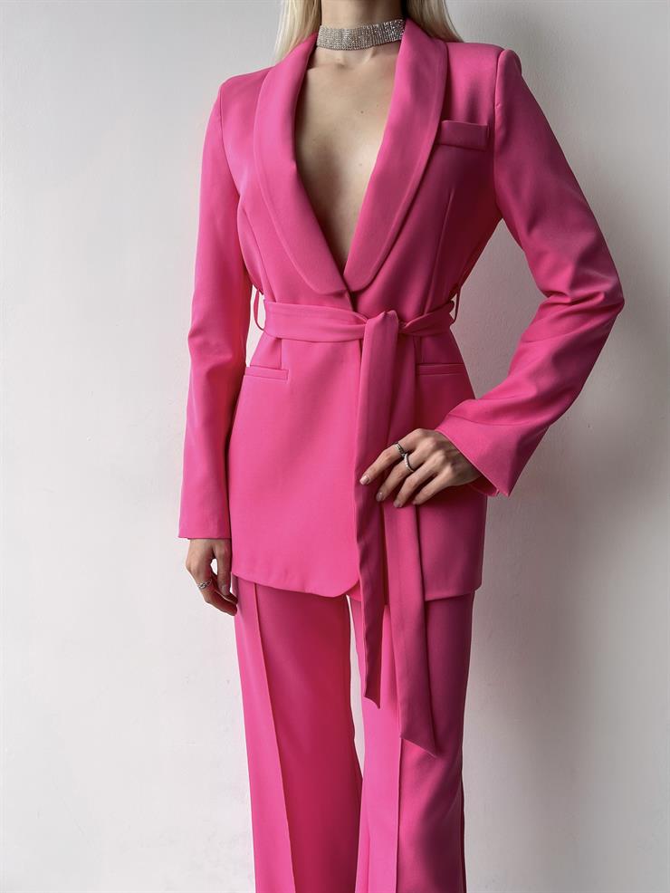 Kruvaze Yaka Belden Kuşaklı Ceket Yüksek Bel Bol Paça Pantolon Defınır Kadın Fuşya Takım 23Y000252