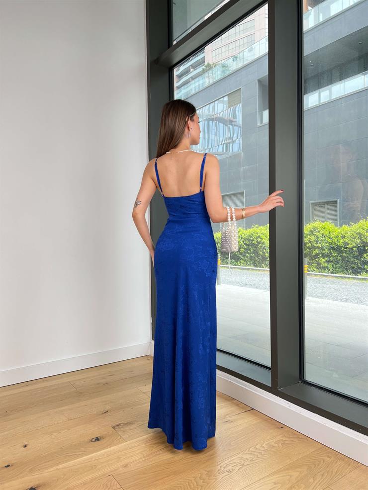 Degaje Yaka Askılı Piranda Desenli Saks Elbise 25Y336