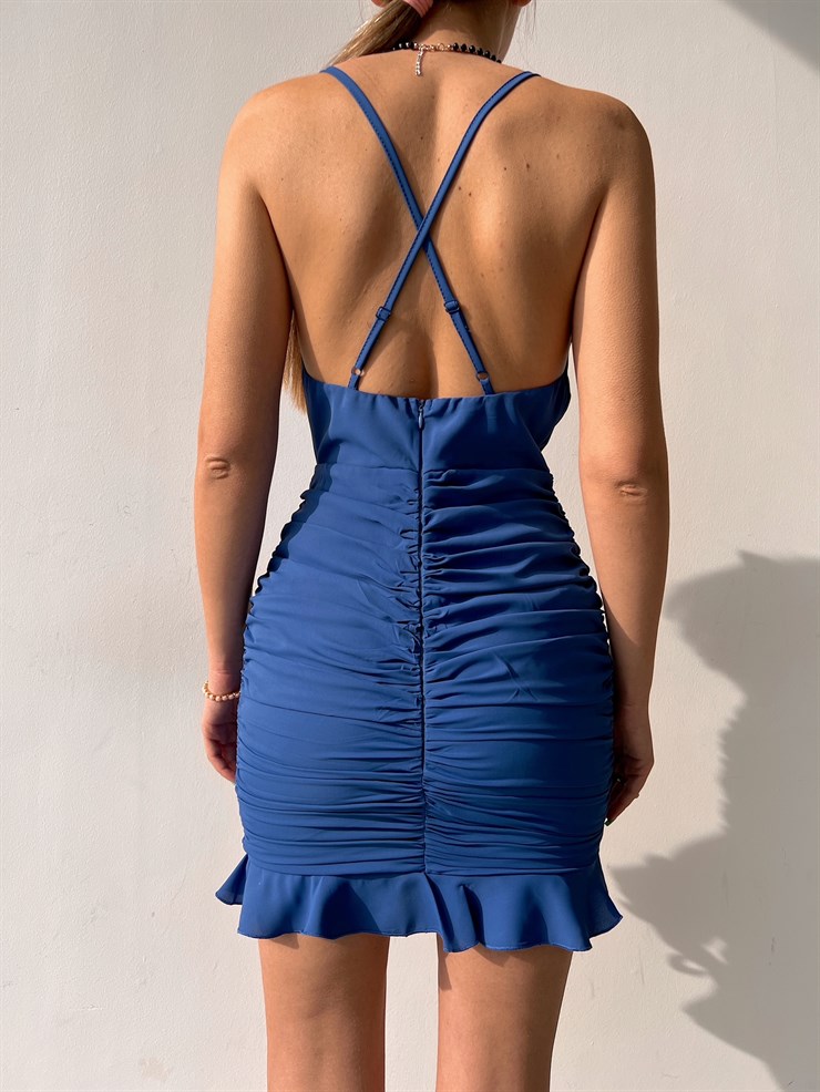 Degaje Yaka Eteği Fırfırlı Drapeli Aniya Kadın İndigo Mini Elbise 22Y000039