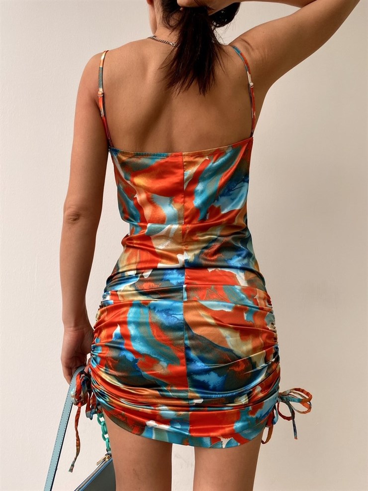 Degaje Yaka Etek Boyu Yandan Bağcıkla Ayarlanabilir Kadın Gökkuşağı Elbise 21Y000106