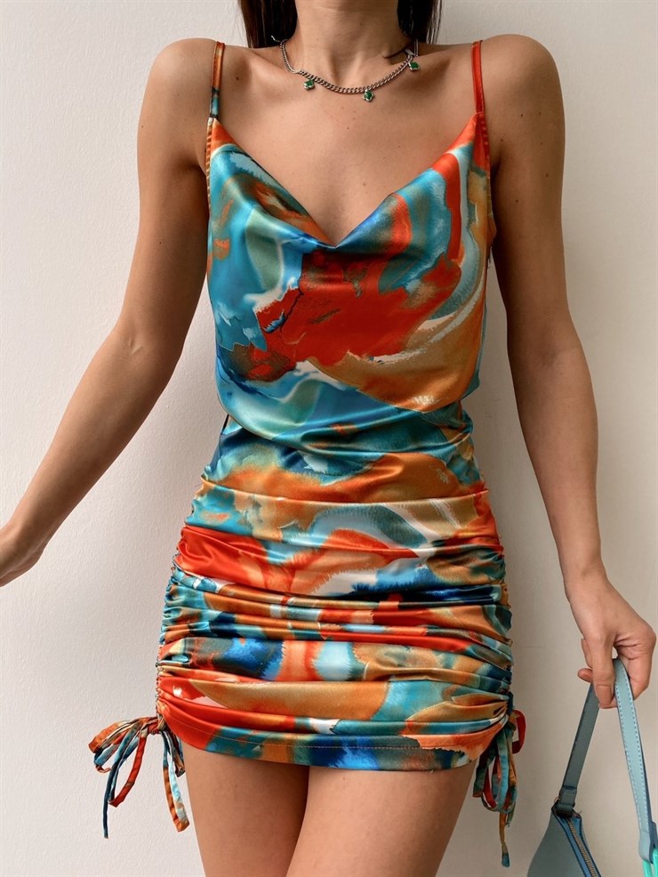 Degaje Yaka Etek Boyu Yandan Bağcıkla Ayarlanabilir Kadın Gökkuşağı Elbise 21Y000106