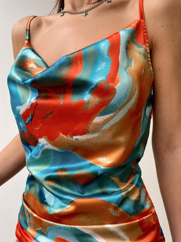 Degaje Yaka Etek Boyu Yandan Bağcıkla Ayarlanabilir Kadın Gökkuşağı Elbise 21Y000106