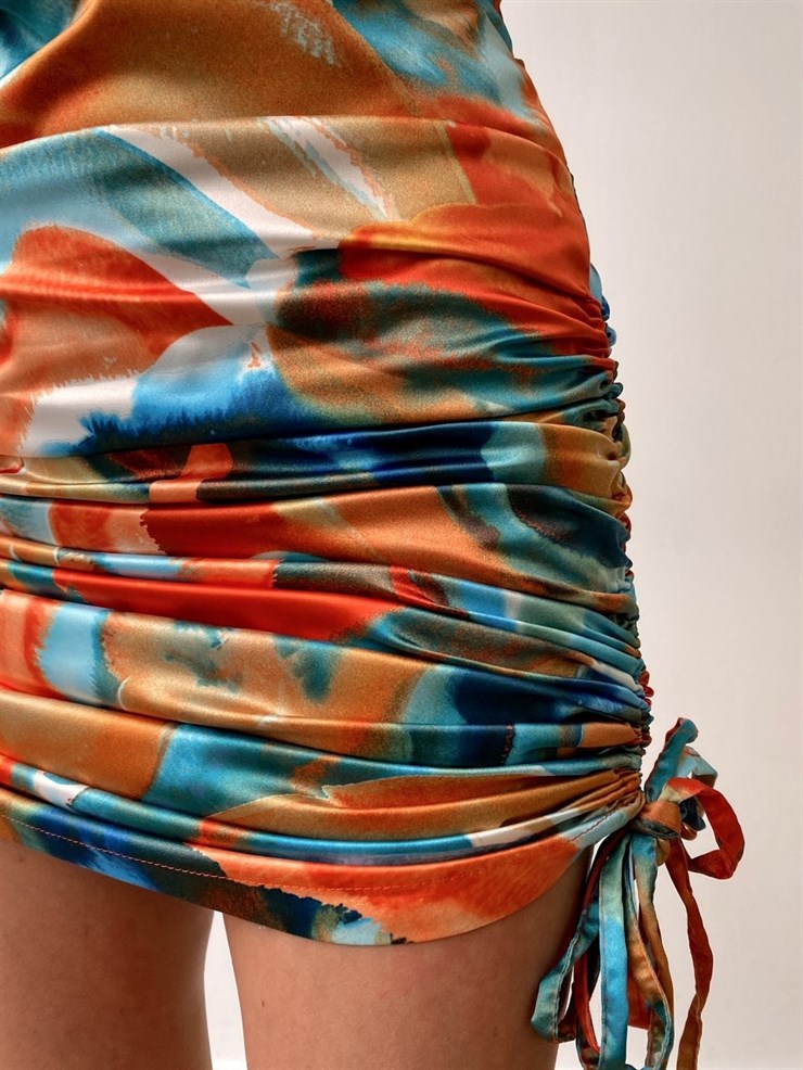 Degaje Yaka Etek Boyu Yandan Bağcıkla Ayarlanabilir Kadın Gökkuşağı Elbise 21Y000106