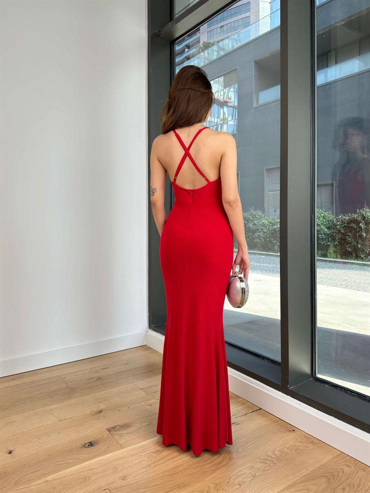 Degaje Yaka İnce Arkadan Çapraz Askılı Uliana Kadın Kırmızı Elbise 23Y000152