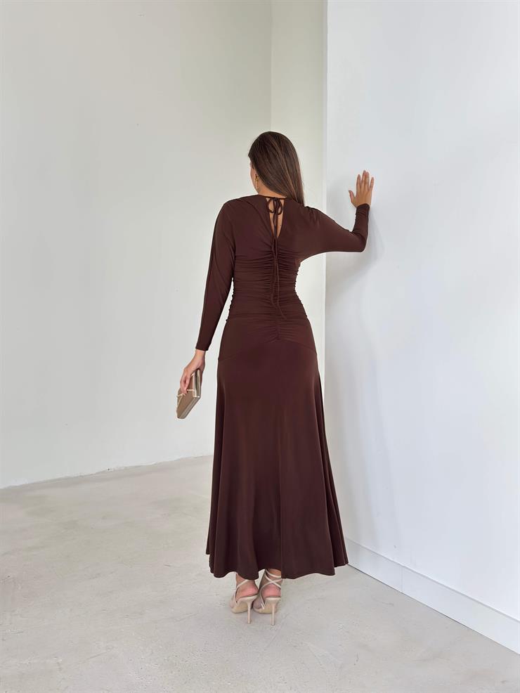 Drapeli Boyundan Bağlamalı V Yaka Degalte Kahve Kadın Elbise 26K143