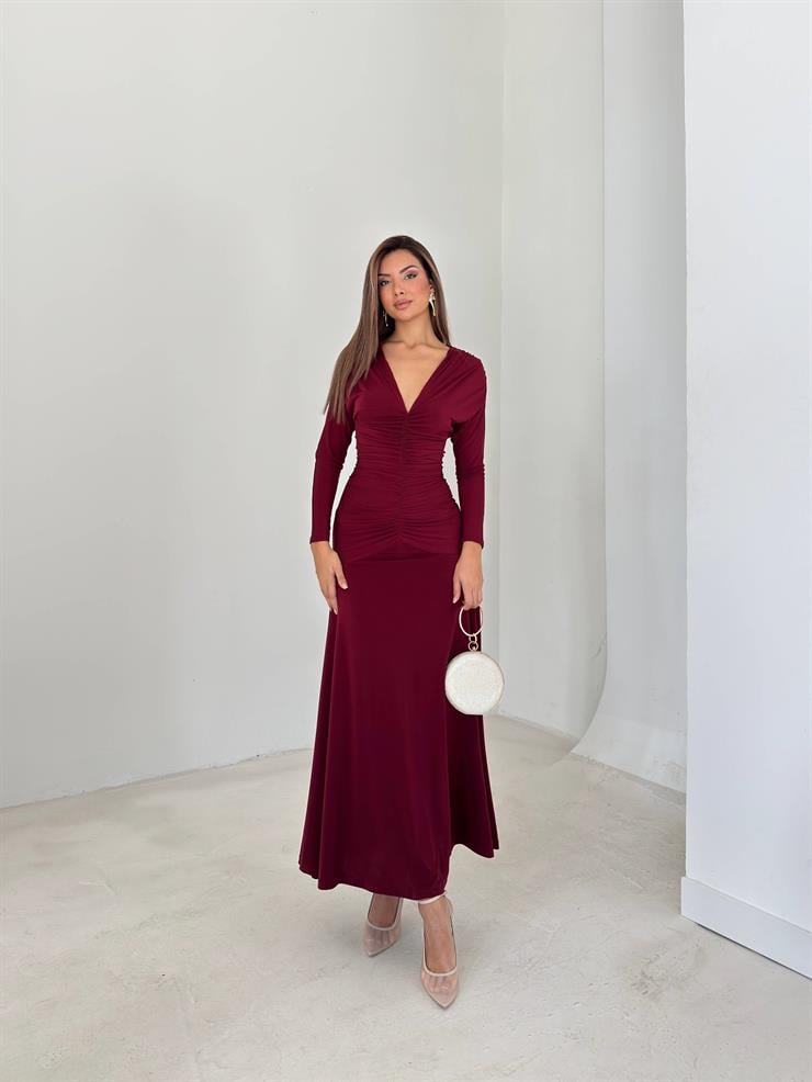 Drapeli Boyundan Bağlamalı V Yaka Degalte Bordo Kadın Elbise 26K143
