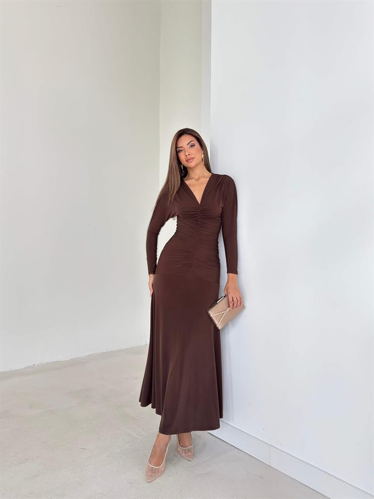 Drapeli Boyundan Bağlamalı V Yaka Degalte Kahve Kadın Elbise 26K143