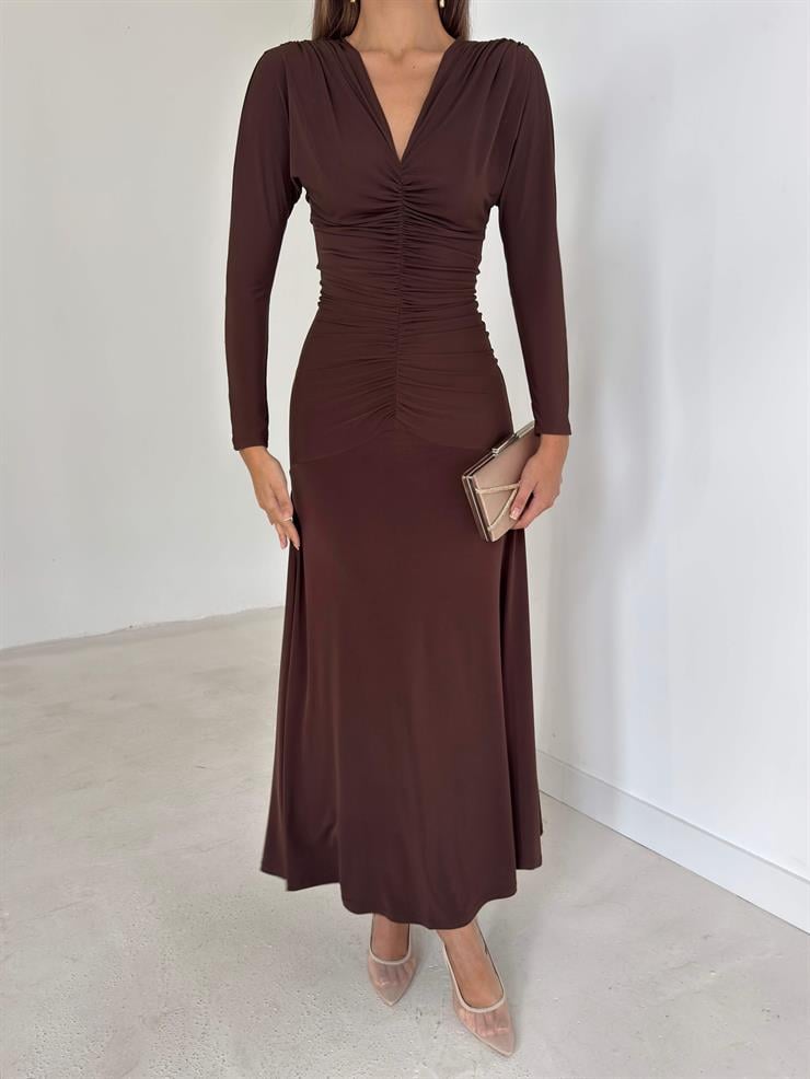 Drapeli Boyundan Bağlamalı V Yaka Degalte Kahve Kadın Elbise 26K143