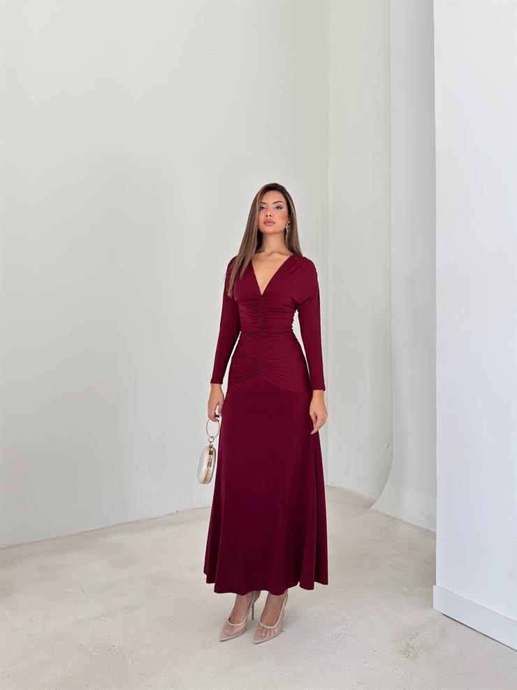 Drapeli Boyundan Bağlamalı V Yaka Degalte Bordo Kadın Elbise 26K143
