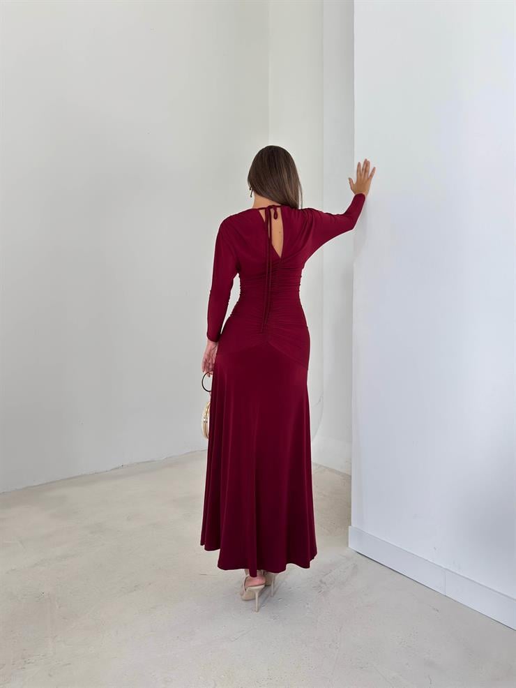 Drapeli Boyundan Bağlamalı V Yaka Degalte Bordo Kadın Elbise 26K143