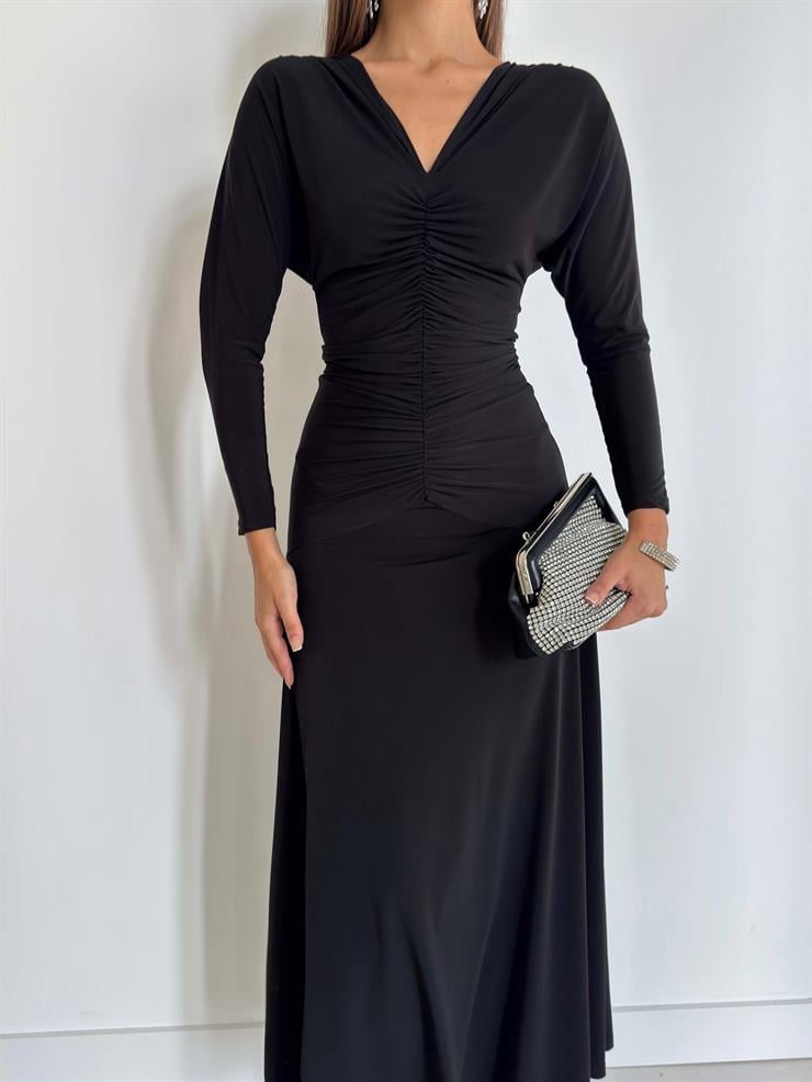 Drapeli Boyundan Bağlamalı V Yaka Degalte Siyah Kadın Elbise 26K143