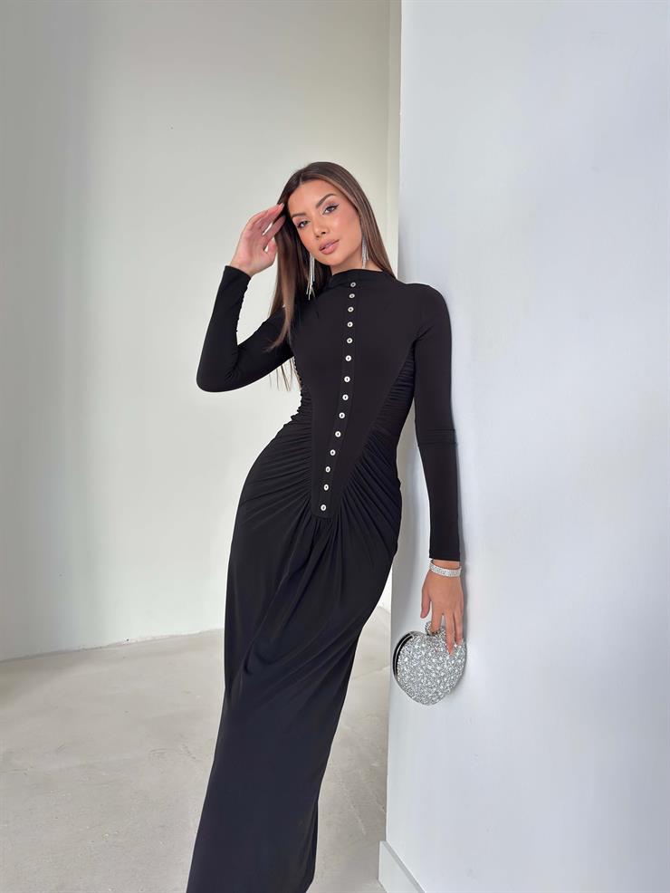 Önü Beden Aksesuarlı Büzgülü Deglen Siyah Kadın Elbise 26K190