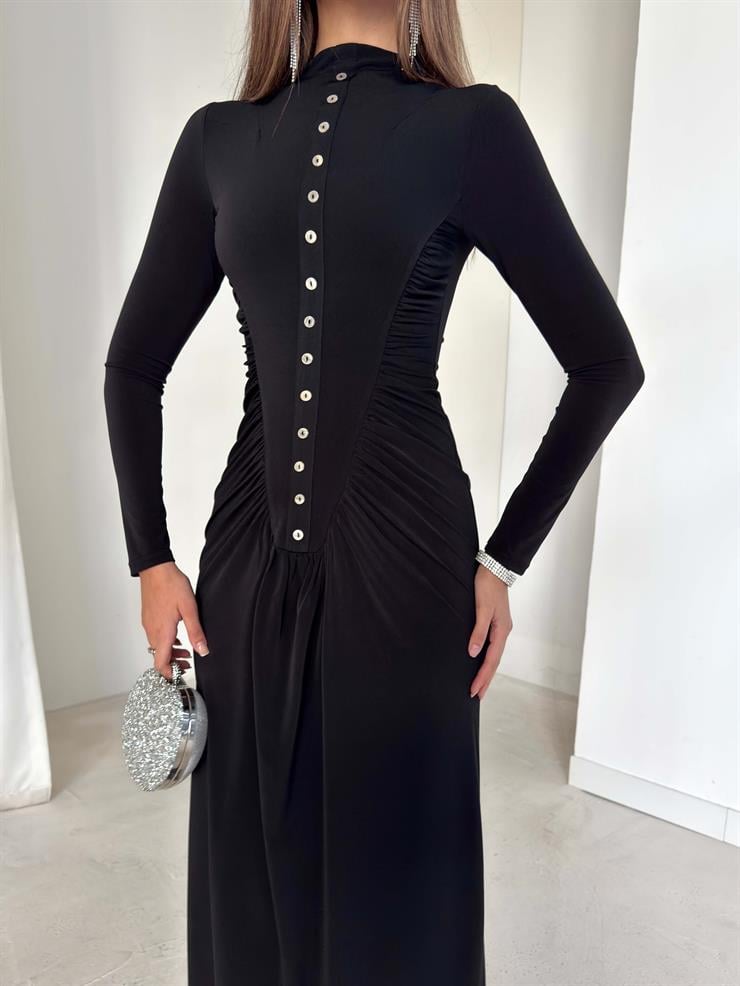 Önü Beden Aksesuarlı Büzgülü Deglen Siyah Kadın Elbise 26K190