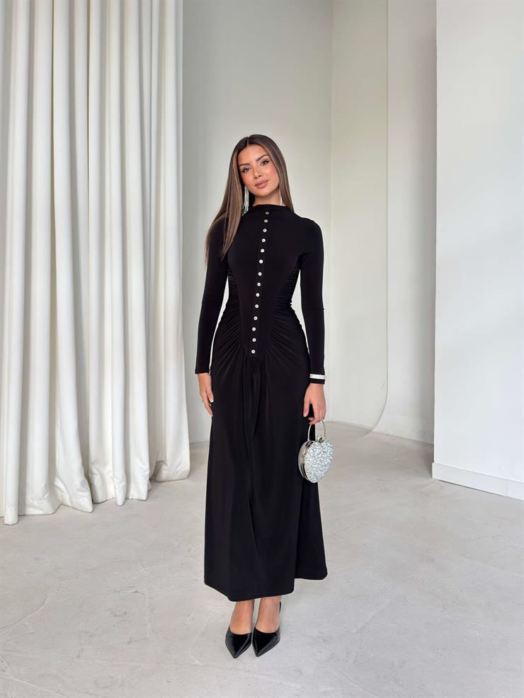 Önü Beden Aksesuarlı Büzgülü Deglen Siyah Kadın Elbise 26K190
