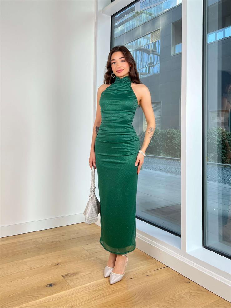 Balıkçı Yaka Kolsuz Drapeli Deina Zümrüt Kadın Elbise 25K231