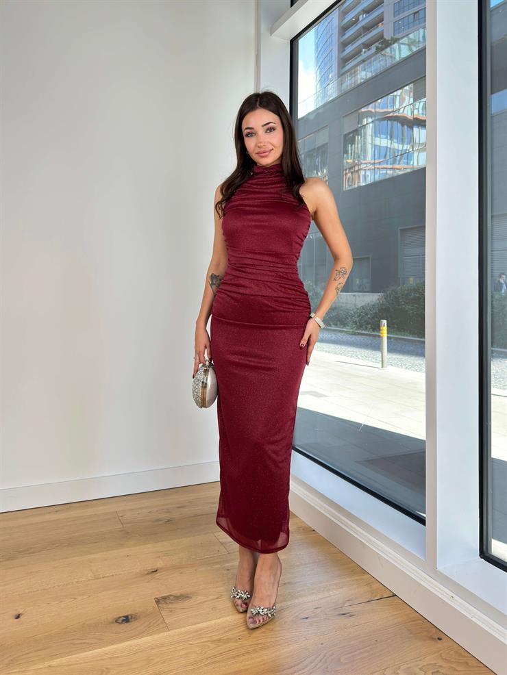 Balıkçı Yaka Kolsuz Drapeli Deina Bordo Kadın Elbise 25K231