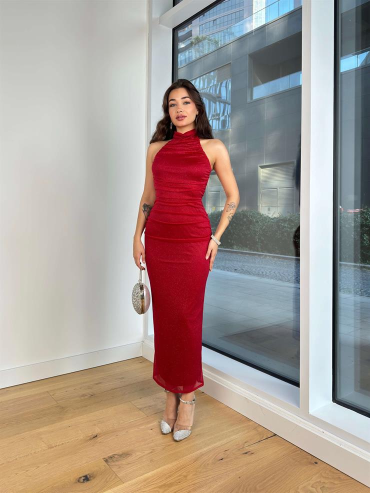 Balıkçı Yaka Kolsuz Drapeli Deina Kırmızı Kadın Elbise 25K231