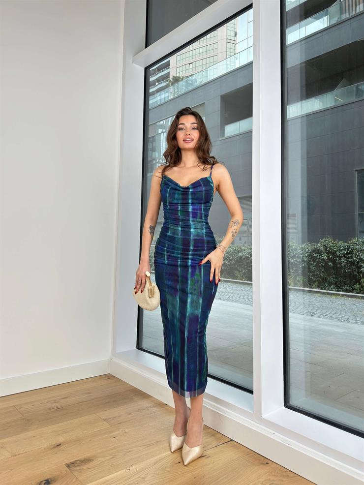 Degaje Yaka Ayarlanabilir Askılı Drapeli Deiner Kadın Renkli Desenli Elbise 24Y313