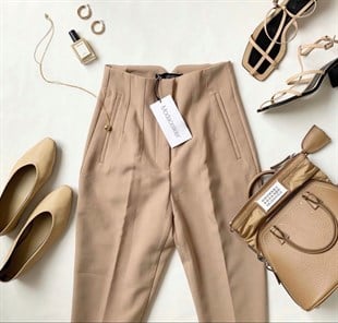 Havuç Model Dekoratif Pensli Yüksek Bel Kadın Camel Pantolon 21K000071