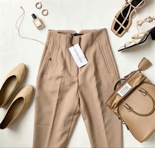 Havuç Model Dekoratif Pensli Yüksek Bel Kadın Camel Pantolon 21K000071