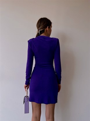 Vatkalı Pileli Sıfır Yaka Delinda Kadın Mor Likralı Elbise 22K000511