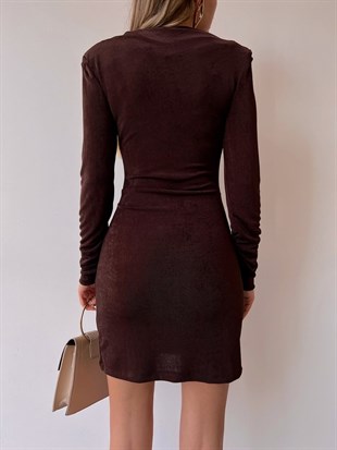 Vatkalı Pileli Sıfır Yaka Delinda Kadın Kahverengi Likralı Elbise 22K000511